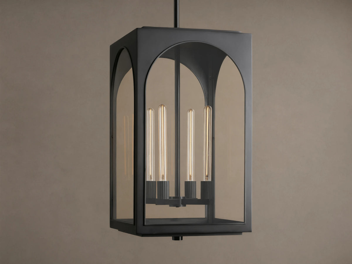 Black Palladian Outdoor Pendant, rectangular lantern with arched clear glass panels, displaying four tubular bulbs, hanging from above.