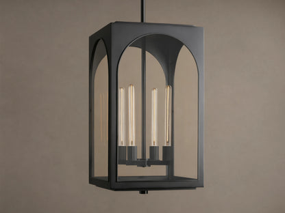 Black Palladian Outdoor Pendant, rectangular lantern with arched clear glass panels, displaying four tubular bulbs, hanging from above.