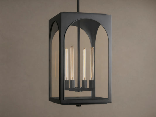 Black Palladian Outdoor Pendant, rectangular lantern with arched clear glass panels, displaying four tubular bulbs, hanging from above.
