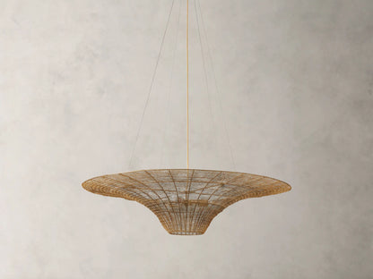 Mirza Caping Chandelier in antique brass finish, woven stainless steel and brass, disc shape with three visible bulbs, suspended by cables.
