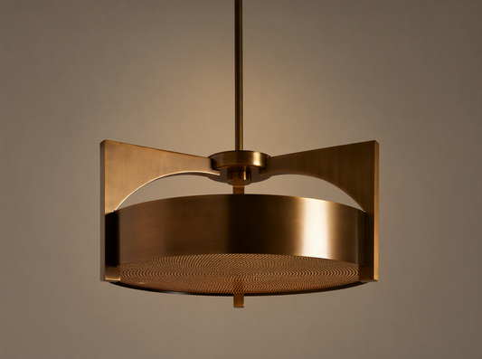 Burnished brass Alastair Pendant. Cylindrical shade, angular side supports, and a textured acrylic diffuser, hanging from above.