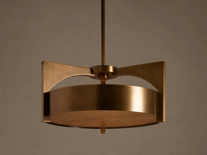 Burnished brass Alastair Pendant. Cylindrical shade, angular side supports, and a textured acrylic diffuser, hanging from above.