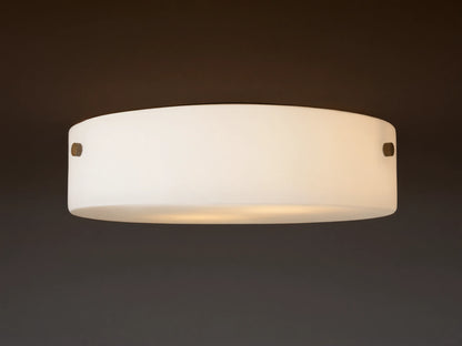 The Chayla Flushmount features a round alabaster shade with metal accents on a ceiling, casting soft ambient light.
