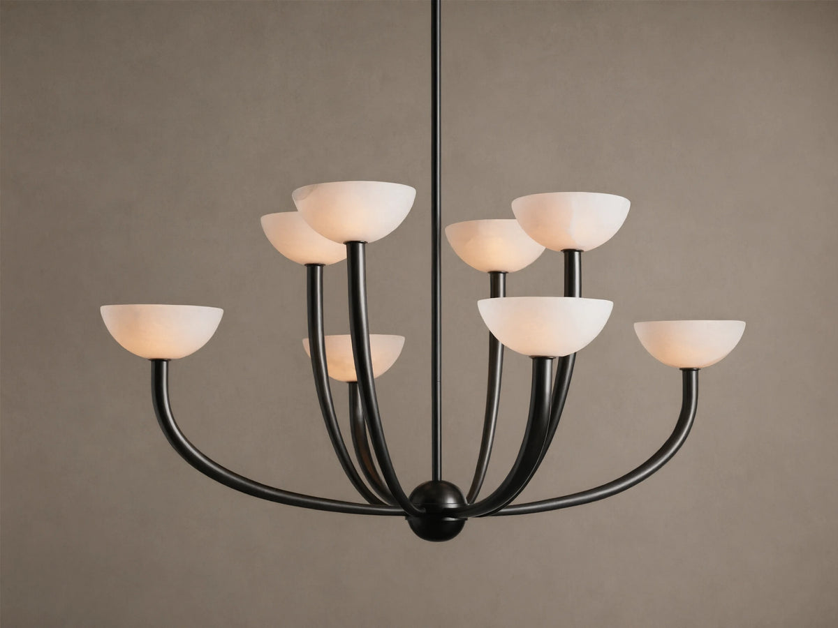 Saguaro Chandelier, black metal frame with eight glowing, upward-facing alabaster bowl shades.