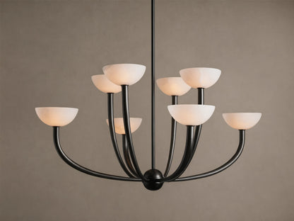Saguaro Chandelier, black metal frame with eight glowing, upward-facing alabaster bowl shades.