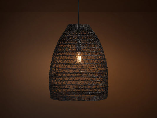Braemar Outdoor Black Pendant with a woven all-weather wicker shade, hanging from a black fabric-wrapped cord, bulb visible within.