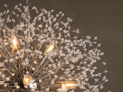 Dandelion Round Chandelier, spherical silver fixture with numerous clear crystal accents, resembling a dandelion, hanging.