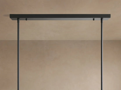 Close-up of Roscoe Linear Chandelier: clear glass globes with glowing LED bulbs, dark metal rods, soft beige background.