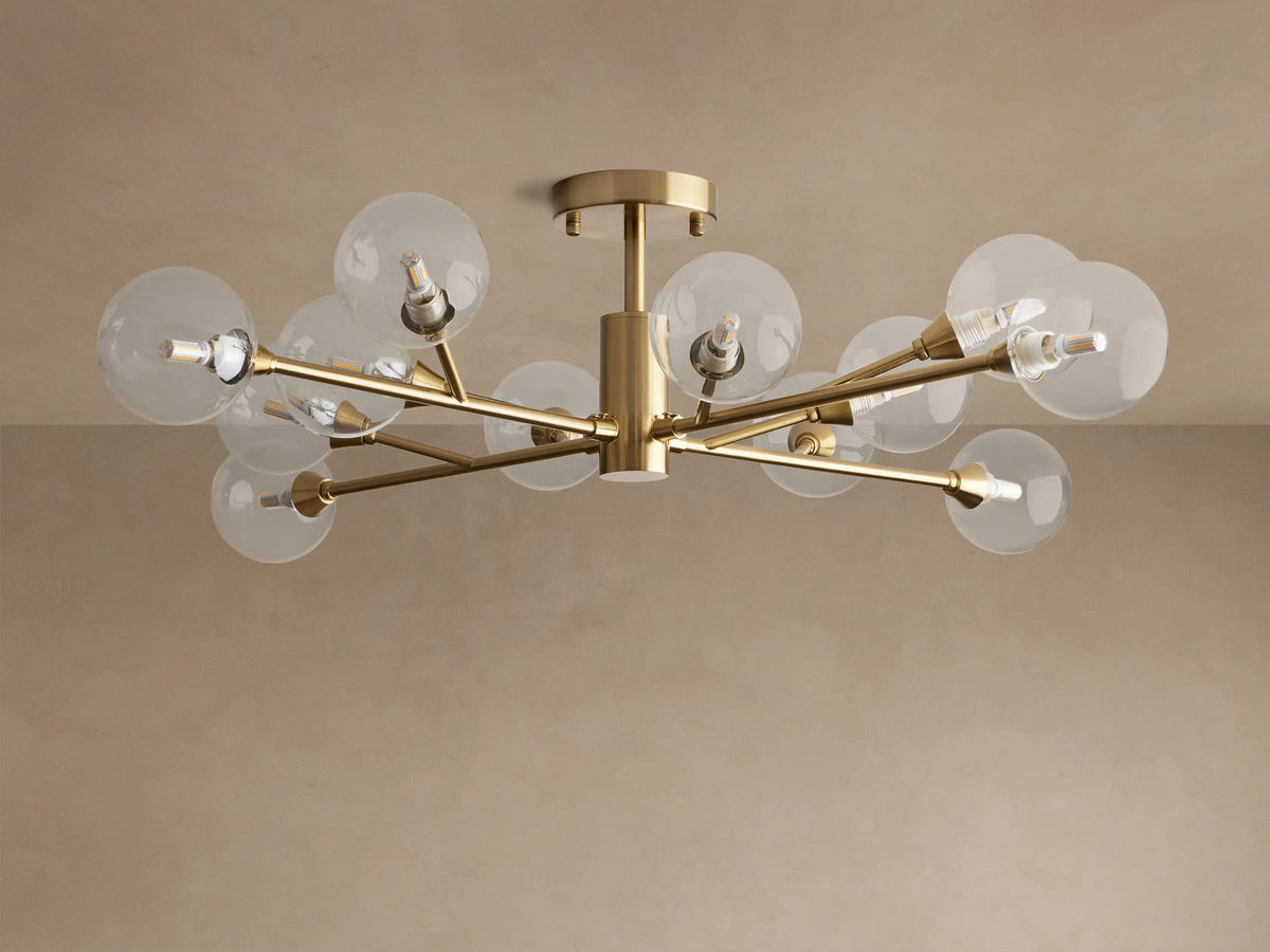 Apollo Flush Mount, a brass flush-mount light with multiple arms, each holding a clear glass globe and LED bulb.