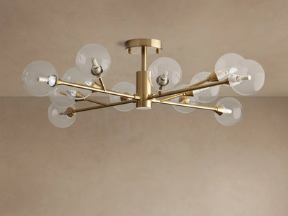 Apollo Flush Mount, a brass flush-mount light with multiple arms, each holding a clear glass globe and LED bulb.