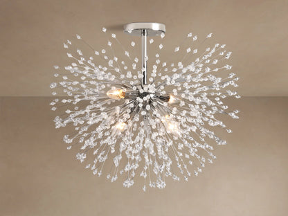Dandelion Flush Mount with a polished chrome base and numerous radiating arms tipped with sparkling clear crystal beads.