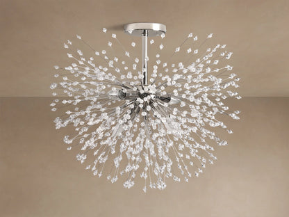 Dandelion Flush Mount with a polished chrome base and numerous radiating arms tipped with sparkling clear crystal beads.