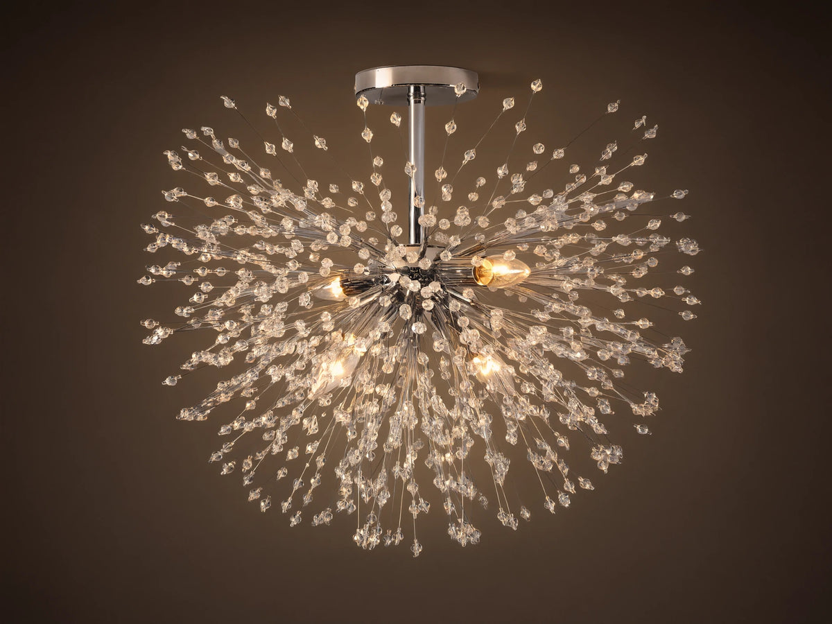 Dandelion Flush Mount with a polished chrome base and numerous radiating arms tipped with sparkling clear crystal beads.