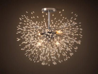 Dandelion Flush Mount with a polished chrome base and numerous radiating arms tipped with sparkling clear crystal beads.
