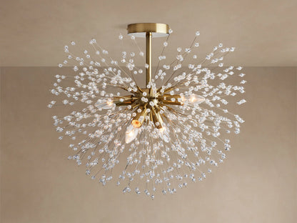 Gold Dandelion Flush Mount with sparkling clear crystal beads extending in a starburst, lights emitting warm glow on a neutral ceiling.