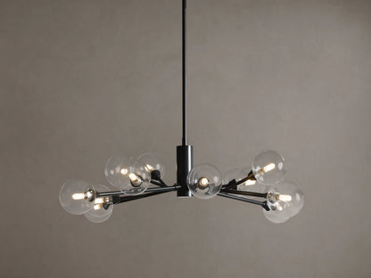 Apollo Round Chandelier: Black iron arms holding clear glass globes with illuminated bulbs, suspended on a tan background.