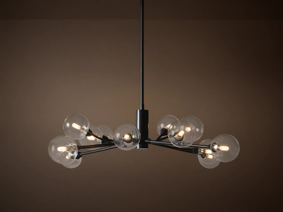 Apollo Round Chandelier: Black iron arms holding clear glass globes with illuminated bulbs, suspended on a tan background.