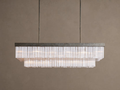 Cameron Rectangular Chandelier with antique silver frame, layers of glowing white selenite pieces, suspended from above.