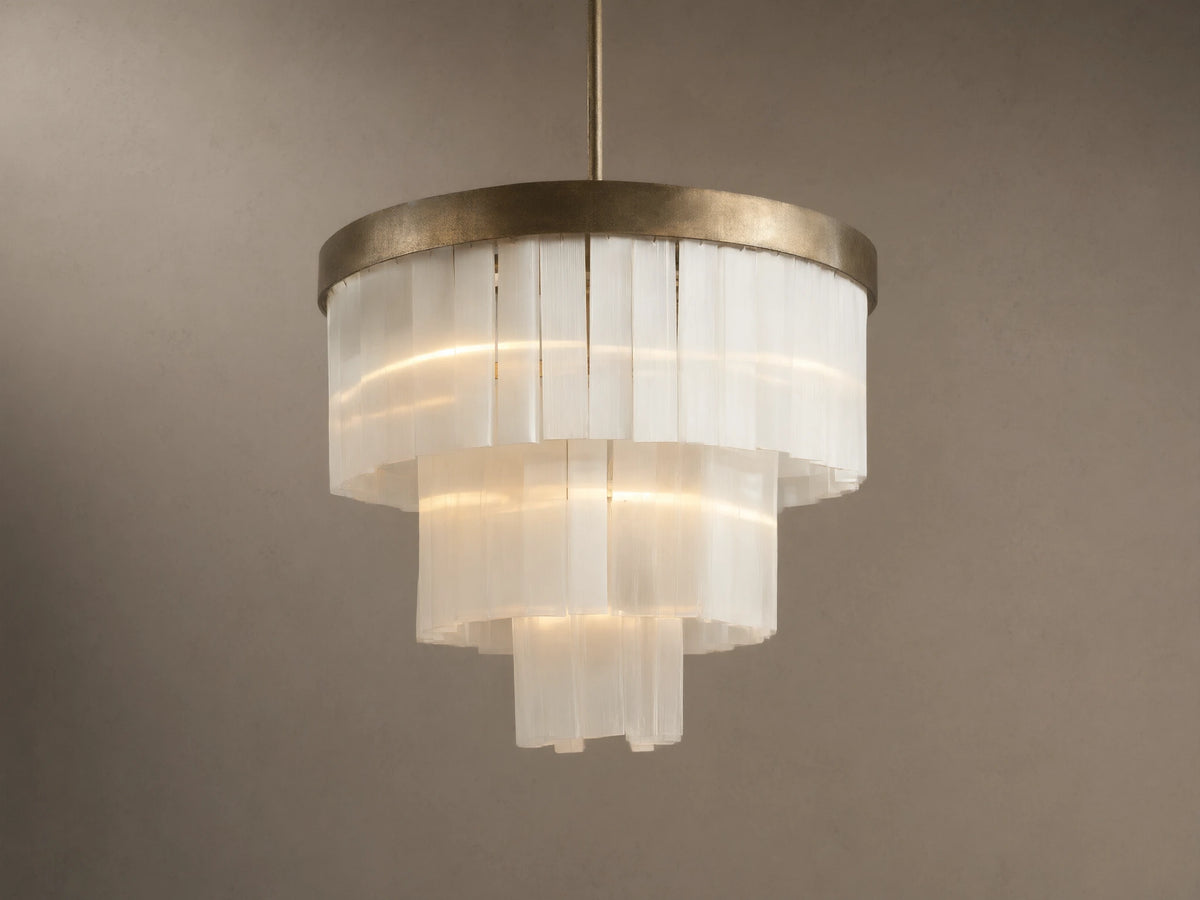 Cameron Round Chandelier: an antique silver ring tops tiered, translucent white selenite panels, emitting a warm glow.