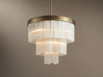 Cameron Round Chandelier: an antique silver ring tops tiered, translucent white selenite panels, emitting a warm glow.