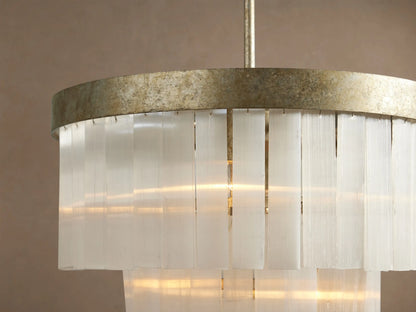 Cameron Round Chandelier with an antique silver top, cascading tiers of rectangular white selenite pieces.