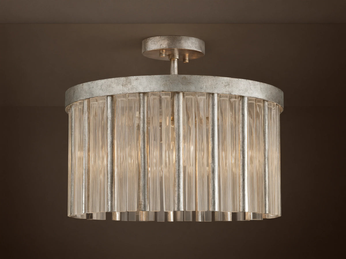 Andalucia Flush Mount with distressed silver finish, clear fluted glass rods, mounted flush on a light ceiling.