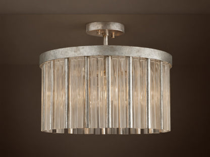 Andalucia Flush Mount with distressed silver finish, clear fluted glass rods, mounted flush on a light ceiling.