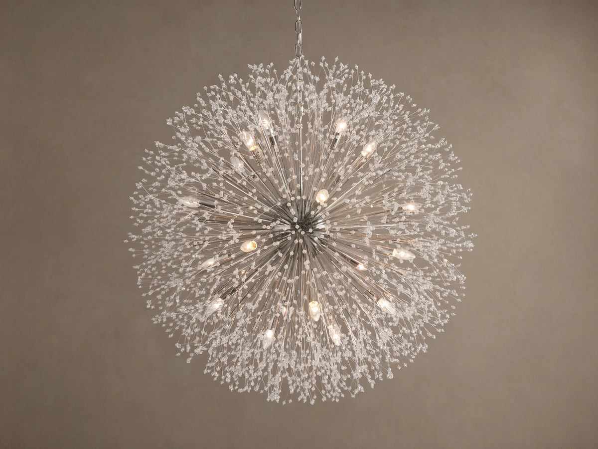 Large Dandelion Round Chandelier with nickel-plated arms radiating outwards, adorned with clear glass crystals, warmly lit.