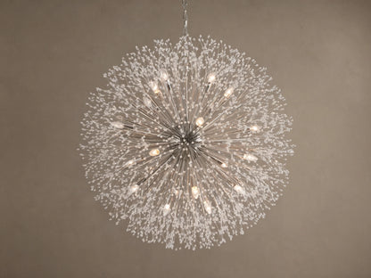 Large Dandelion Round Chandelier with nickel-plated arms radiating outwards, adorned with clear glass crystals, warmly lit.