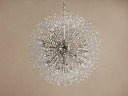 Large Dandelion Round Chandelier with nickel-plated arms radiating outwards, adorned with clear glass crystals, warmly lit.