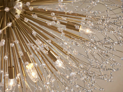 Gold Dandelion Round Chandelier, spherical with radiating arms, adorned with sparkling clear glass crystals, hanging.