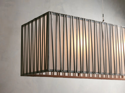 Jeunet Rectangular Chandelier in Nickel. Horizontal grey nickel chandelier, rectangular, with closely-spaced vertical metal bars.
