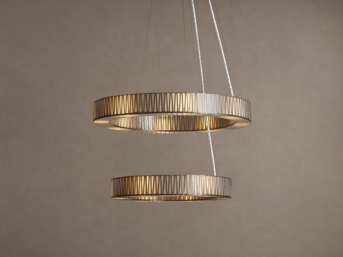 Jeunet 2-Tier Round Chandelier with two illuminated silver-toned circular tiers, featuring a vertical ribbed pattern.