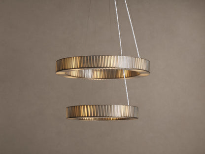 Jeunet 2-Tier Round Chandelier with two illuminated silver-toned circular tiers, featuring a vertical ribbed pattern.