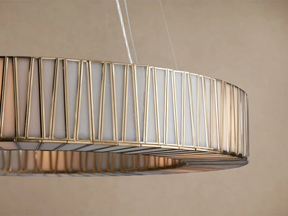Jeunet Round Chandelier in antiqued brass, featuring a circular frame with vertical segments and translucent light-colored panels, hanging.