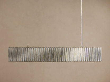 Jeunet Rectangular Chandelier, long, with illuminated vertical glass panels and a nickel-finish iron frame, hanging horizontally.