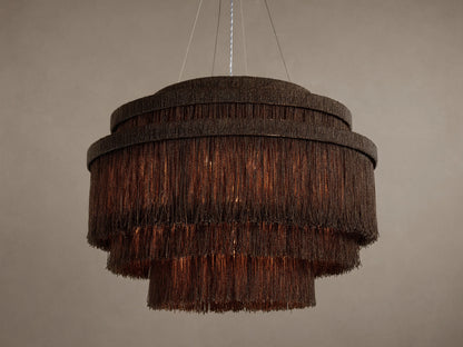Romilly Tiered Chandelier, dark bronze iron with three tiers of hanging glass beads, warm light glowing from within.