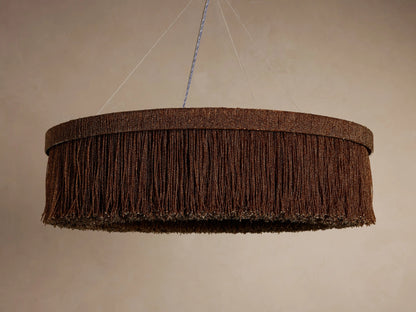 Romilly Round Chandelier, circular, dark brown fixture with dense, individually strung beads forming a fringed body, hanging.