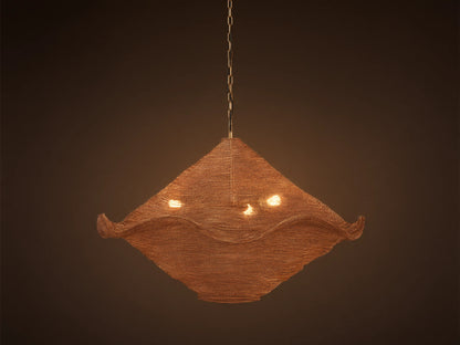 Mirza Sphere Chandelier. Draped woven antique brass mesh in a square shape with wavy edges, 3 glowing bulbs inside, hanging.
