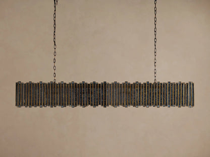 Laila Rectangular Chandelier, antique copper iron/brass frame with vertical antiqued mirrored-glass panes, glowing warm lights, hanging from chains.