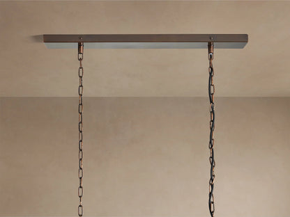 Laila Rectangular Chandelier, featuring vertical antique copper frames and antiqued mirrored-glass panes, side view.
