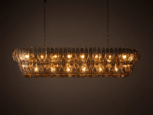 Laila Rectangular Chandelier, antique copper iron/brass frame with vertical antiqued mirrored-glass panes, glowing warm lights, hanging from chains.