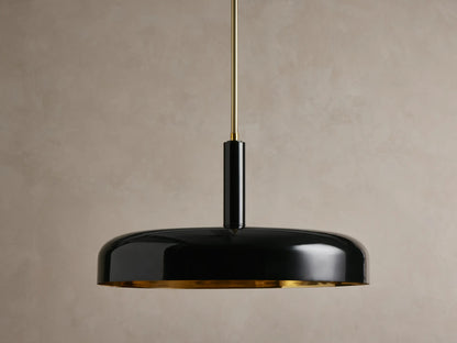 Bonham Pendant: a sleek black dome-shaped light with a reflective brass interior, hanging from a thin brass rod against a wall.
