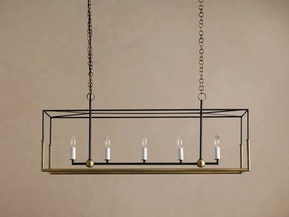 Holt Linear Chandelier: black rectangular frame with antiqued brass accents, 5 unlit candle bulbs, suspended by chains.