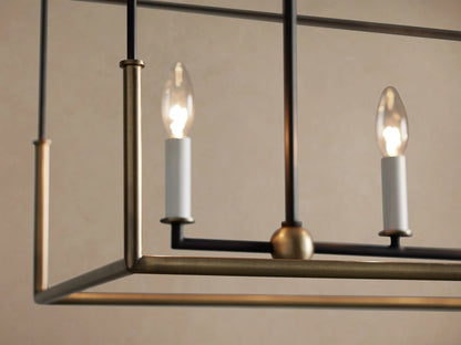Holt Linear Chandelier: Rectangular black iron frame with antiqued brass base, hanging by chains, showcasing five candelabra bulbs.