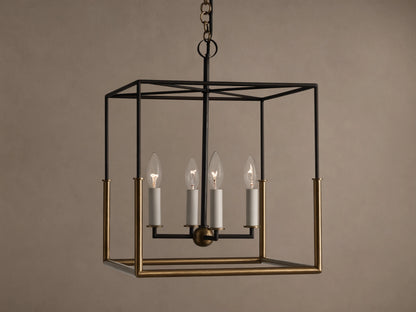 Holt Square Pendant, a square, open-cage light fixture with black and antiqued brass frames, featuring four clear candle-style bulbs.