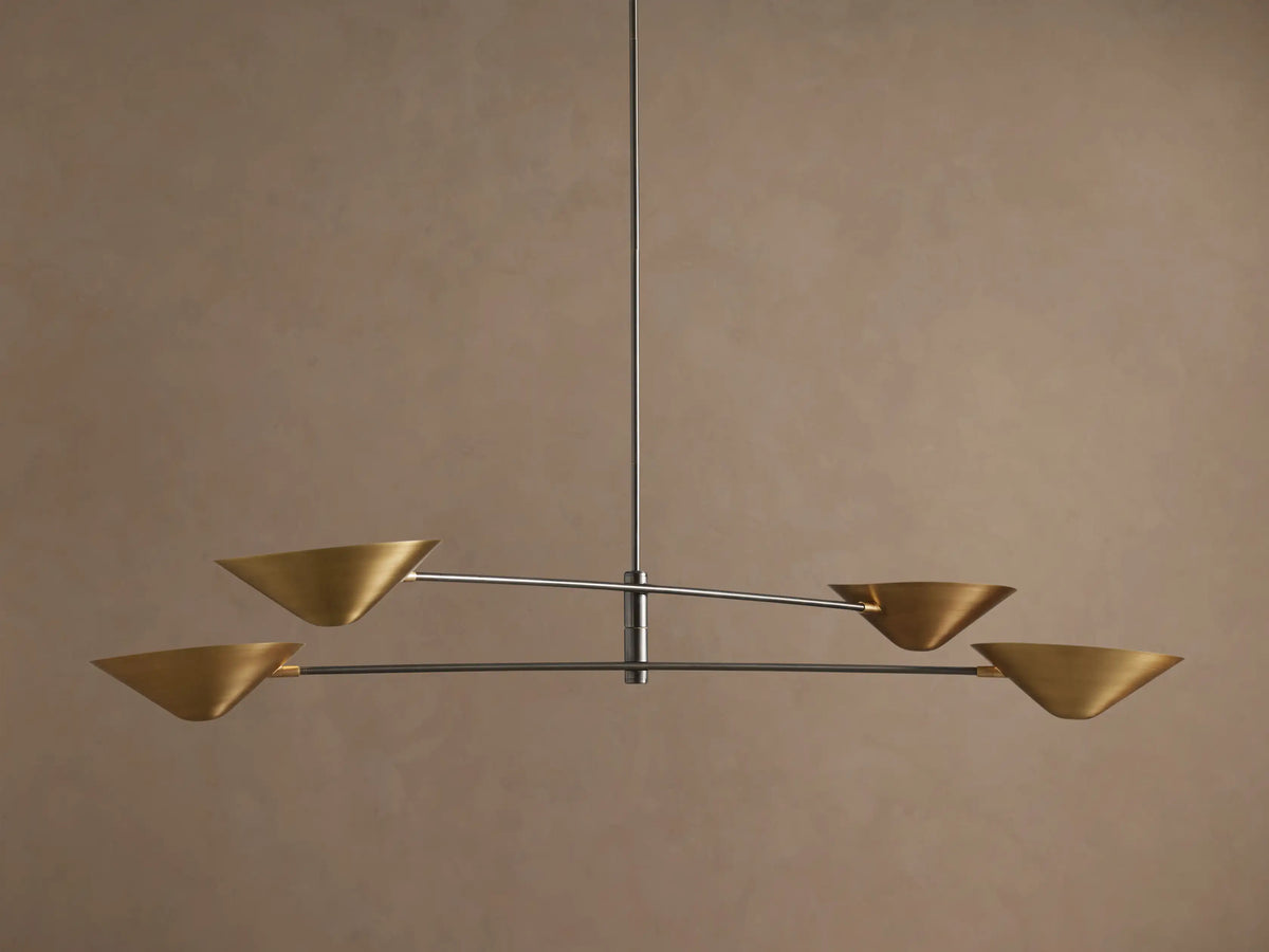 Simms Chandelier: Dark oxidized brass conical canopy flush against a light brown ceiling with a matching downrod.