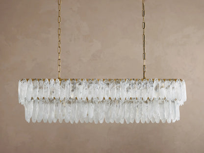 Front view of rectangular chandelier with two tiers of clear, textured glass panels hanging from a gold-colored frame and chains.