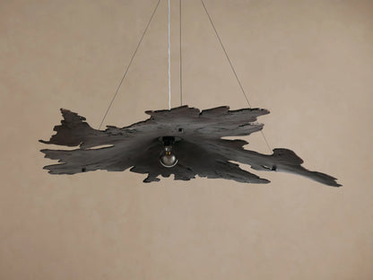 Arruga Chandelier: dark, irregular milpa wood chandelier with an exposed bulb hanging from a ceiling against a warm background.