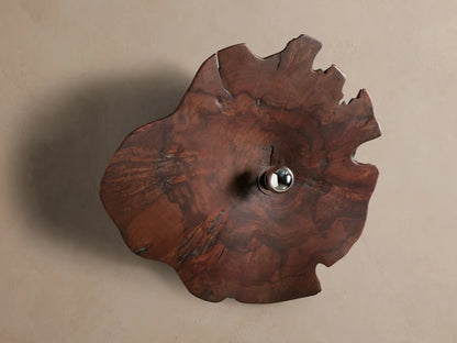 Arruga Sconce: Irregular dark brown milpa wood slice sconce with a glowing metallic-dipped bulb in the center, mounted on a neutral wall.